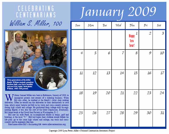 January 2009 Calendar - William S. Miller, 100