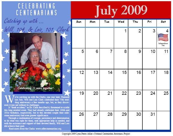 National Centenarian Awareness Project - July 2009 Calendar