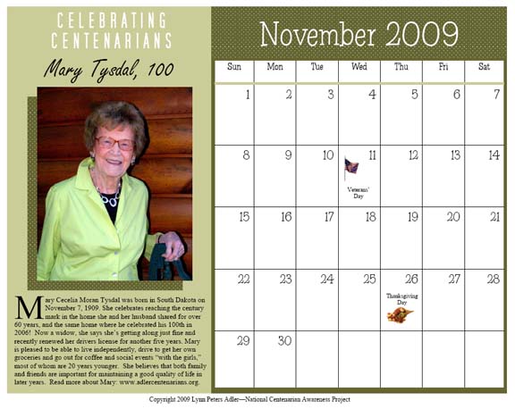 Mary Tysdal, 100 - November 2009