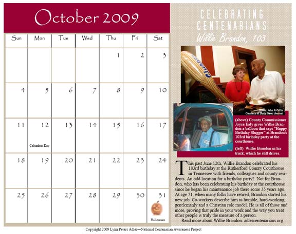 October 2009 Calendar - Willie Brandon, 103